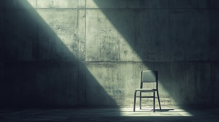 Poster - A solitary chair sits bathed in a spotlight against a textured concrete wall, creating dramatic shadows