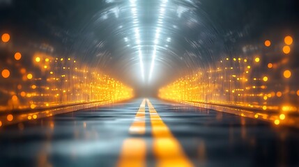 Poster - Bright Futuristic Tunnel with Glowing Lights and Reflections, Evoking Mystery and Depth in a Vibrant Urban Environment