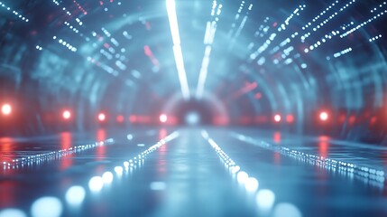 Poster - Futuristic tunnel with glowing lights and reflective surface, abstract perspective view creating an illusion of depth and speed in a digital environment