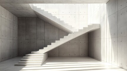 Poster - Modern concrete staircase with sunlight illuminating its steps in a minimalist, spacious interior. Angular design