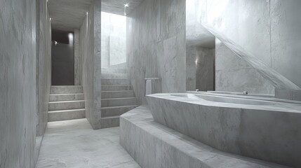Poster - Modern spa interior, featuring minimalist design, stairs, tubs, and natural light. Gray tones prevail
