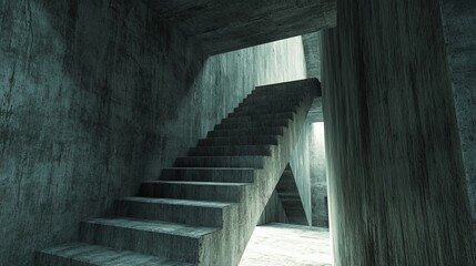 Poster - Stark concrete stairs ascend in a dimly lit, minimalist interior space. Grey tones and shadows create a moody ambiance