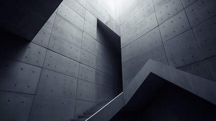 Poster - Modern minimalist concrete architecture. Geometric shapes, stairs, and natural light. Dark, bold, and structural design