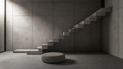 Poster - Concrete room with a staircase and an ottoman. Dramatic lighting creates shadows. Minimalist design