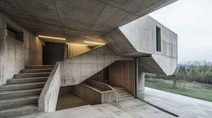 Poster - Modern concrete architecture featuring geometric stairs and exterior view