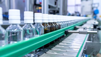 Aufkleber - Bottles on conveyor belt at a factory.