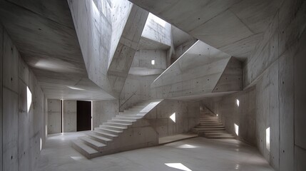 Poster - Modern concrete interior with angular stairs, geometric shapes, and natural light illuminating the space
