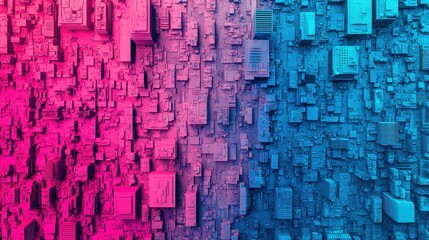 Poster - Abstract geometric texture with vibrant pink and blue sections representing urban landscape and technology