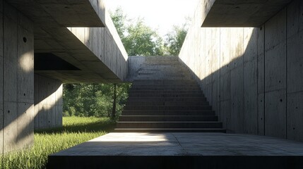 Poster - Concrete structure with staircase leading to sunlight and greenery. Harsh shadows and natural light