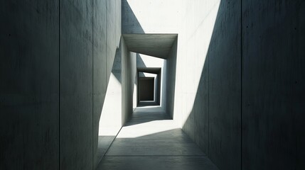 Poster - A concrete hallway stretches, light & shadow play, minimalist design. The view narrows towards a dark end