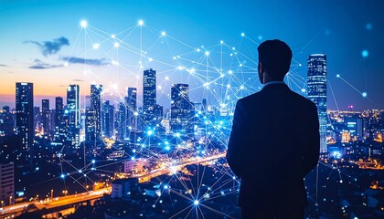 Poster - Businessman looking at a digital city.