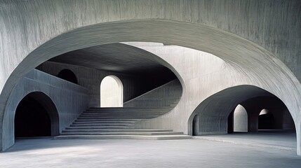 Poster - Concrete architectural interior with arched passages and stairs. Curving structures create light play. Modern, spacious design