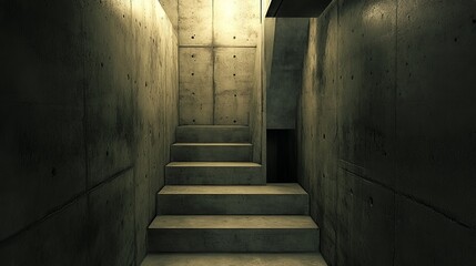 Poster - Concrete staircase ascending into darkness, dimly lit, revealing a small opening at the top