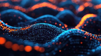Poster - Abstract digital landscape with shimmering particles flowing in waves of blue and orange on a dark background