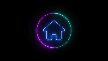 Poster - A vibrant neon home icon lit within a glowing circle with gradient color scheme isolated on a black background for digital design purposes