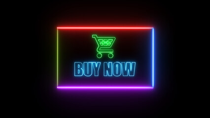 Poster - Glowing neon buy now button illustration featuring a shopping cart symbol within a rectangular frame against a deep black backdrop ideal for website design elements.