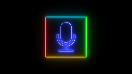 Poster - Neon microphone icon within a square frame against a black background concept of recording streaming podcast and voice communication
