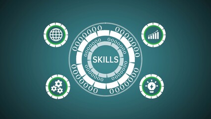 Poster - Conceptual illustration of business skills represented by circular diagram elements related to global reach, growth, innovation, and collaboration.