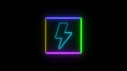 Poster - Abstract neon lightning bolt emblem design on black background illustrating electric energy power symbolism modern style
