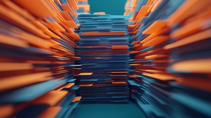 Poster - Abstract 3D Visualization of Stacked Paper Sheets in Blue and Orange Colors Creating Depth and Dimension Effects