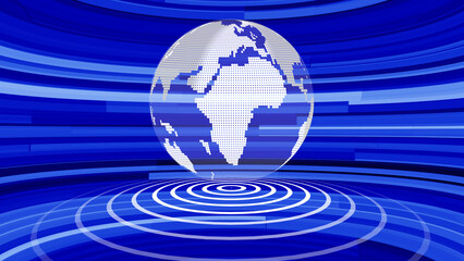 Poster - Digital globe presenting worldwide coverage overlayed on a modern blue background ideal for broadcasting and media related concepts