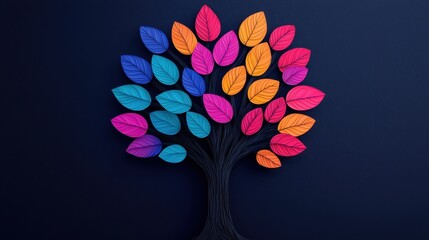 Poster - Colorful paper tree with vibrant leaves on dark blue background showcasing creativity and artistic expression