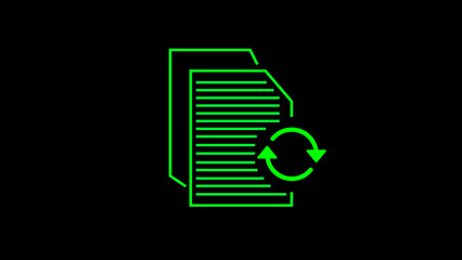 Poster - Conceptual image of data synchronization represented by green documents and circular arrows against a black background for digital communication and process management