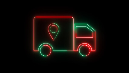 Poster - Neon delivery truck illustration with location pin on black background represents shipping logistics and online ordering for e commerce