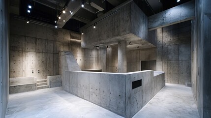 Poster - Modern concrete interior with geometric shapes, minimalist design, natural light, and raw textures