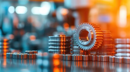 Poster - Close-Up of Precision Metal Gears and Cogwheels in Industrial Workshop Environment with Soft Lighting Effects