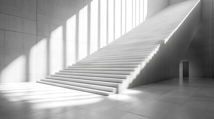 Poster - Modern, minimalist interior featuring a grand staircase bathed in sunlight, creating shadows. Concrete walls