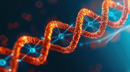 Poster - Close-Up View of a Vibrant DNA Double Helix Structure with Glowing Molecular Elements and Blue Background