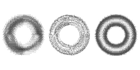 Poster - Bitmap pixel arcade game effect. Circles frames with bit pattern texture. Round y2k halftone elements on white background. Vector aesthetic set with dither gradient. 2000s noisy illustration