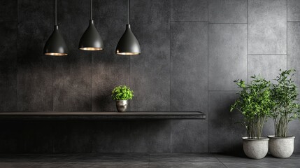 Poster - Stylish interior with hanging lights, shelf, and plants against a dark tiled wall