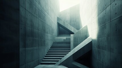 Poster - Concrete staircase in a modern, minimalist building. Sunlight streams down from above. Geometric, architectural marvel