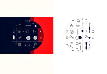 Aufkleber - Abstract design element featuring various minimalist icons arranged in a circular pattern on a vibrant two-toned background
