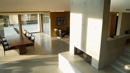Poster - Luxurious modern interior. Open-concept dining area, fireplace, concrete accents, large windows, light & shadow