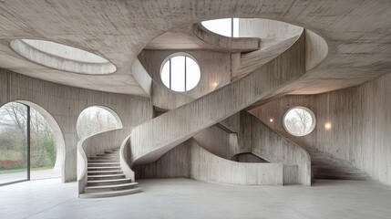 Poster - Dramatic concrete spiral staircase with circular windows in a modern minimalist building. Interior design focuses on lines & form