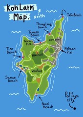  Graphic Adventure Map of Koh Larn Island pattaya Thailand tourism atlas 