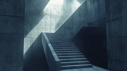Poster - Concrete stairs ascend toward a bright light, bathed in cool shadows. The brutalist architecture is stark