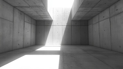 Poster - A stark, minimalist concrete interior bathed in natural light from an overhead opening. Clean lines and shadows create depth