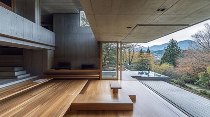 Poster - Modern interior with wooden floors, concrete walls, and large windows overlooking the natural landscape