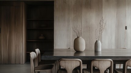 Poster - A minimalist dining room, wooden furniture, neutral tones, vases with dried flowers, simple design