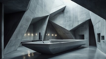 Poster - Modern, geometric concrete interior bathed in natural light, featuring a prominent angular structure