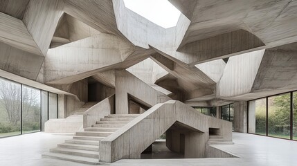 Poster - A striking concrete interior. Geometric shapes, skylight, and stairs create a captivating space