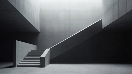 Poster - Stark concrete staircase ascending into light. Minimalist architecture, shadows, and geometric shapes create a dramatic scene