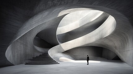 Poster - A solitary figure stands in a vast, concrete space with a spiraling architectural design and staircases. Light pours
