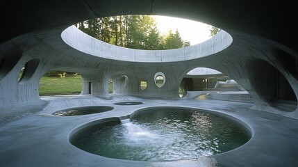 Poster - Futuristic concrete structure features an open ceiling, multiple pools, and organic shapes, blending with nature