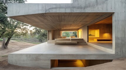 Poster - Modern concrete dwelling blends seamlessly with nature, showcasing open design and natural light