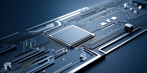 Poster - Detail of a modern microchip surrounded by intricate circuit patterns in a sleek technology environment